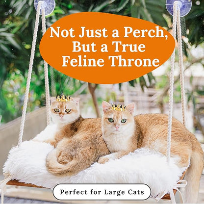 Cat Window Perch for Large Cats - Hammock Bed for Heavy Indoor Cats - Solid Wood Seat, 5 Strong Suction Cups, Soft Cushion - Rustic Shelf for Pets Inside