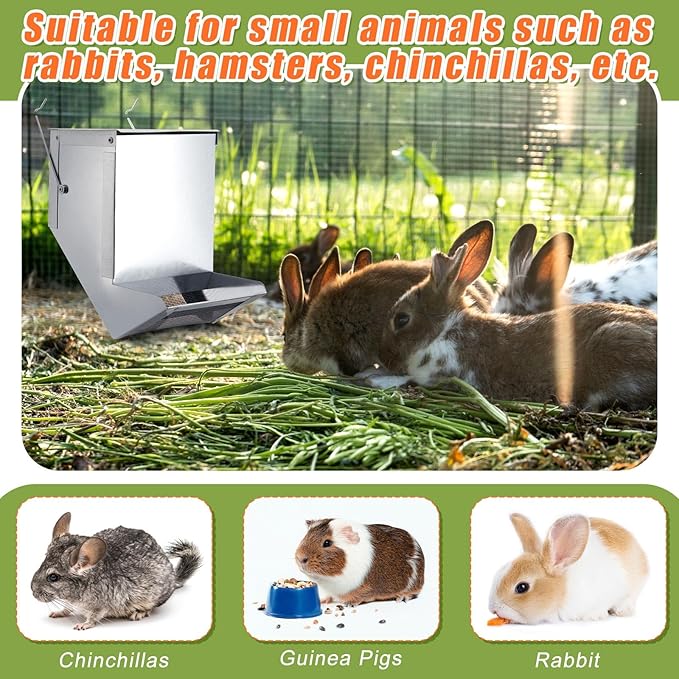 Maxcheck 2 Pcs Rabbit Feeder for Cages Small Animal Food Dispenser with Lid Metal Chicken Grit Oyster Shell Feeders Outside(4.7 Inches,Mesh Bottom,Silver)