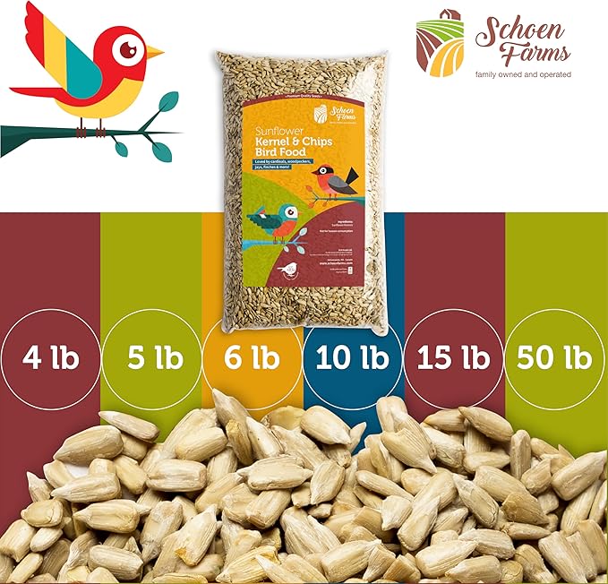 Schoen Farms Sunflower Kernels & Chips – 6 lb Bag – Hulled Sunflower Hearts Bird Seed – Clean, Wild Bird Food for Finches, Jays & Chickadees