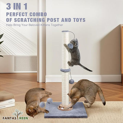 31" Cat Scratching Post Kitten Toys for Indoor Cats, Interactive Cat Scratcher with Catnip Balls, Sisal Scratch Rope for Large Cats, Grey
