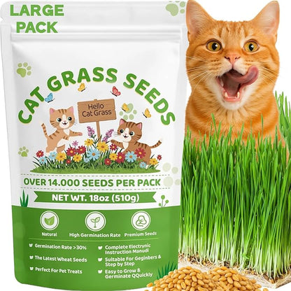 18oz Large Pack Cat Grass Seeds Bulk - Over 14000+ Premium Cat Grass for Indoor Cats & Pets, High Germination Rate & Easy to Grow, Non-GMO Wheat Grass Seed for Planting(510g)
