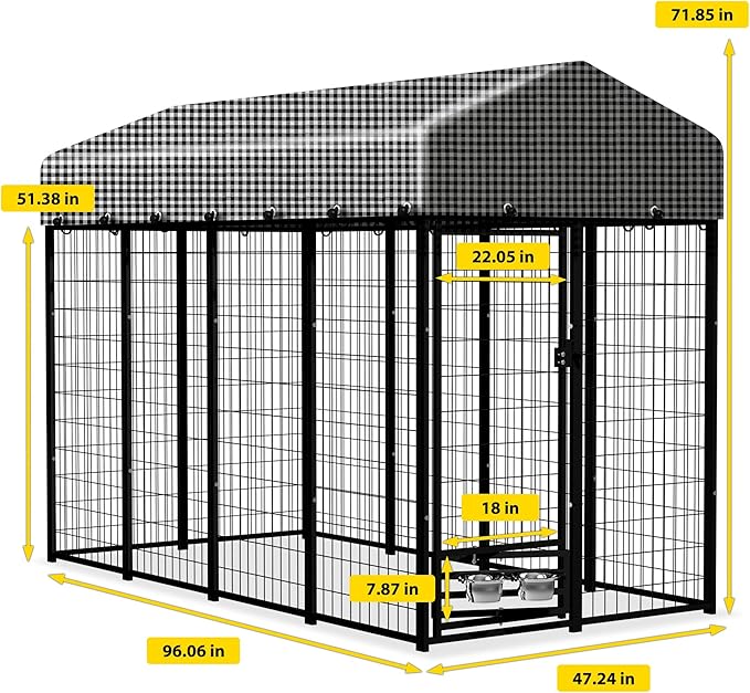 Outdoor Dog Kennel for Large Dogs, Dog Playpen Run Fence House for Yard, Heavy Duty Dog Kennel Outside with Feeding Door & Roof Cover(8'L x 4'W x 6'H)
