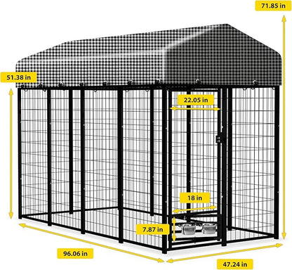 Outdoor Dog Kennel for Large Dogs, Dog Playpen Run Fence House for Yard, Heavy Duty Dog Kennel Outside with Feeding Door & Roof Cover(8'L x 4'W x 6'H)