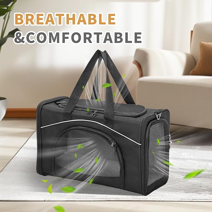 ‌Petsfit Airline Approved Pet Carrier for Small Dogs & Cats, 18x8x11 TSA Approved Carrier, with Removable Dual-Sided Padding (2-Way Placement) - Fits Under Most Airplane Seats, Escape Proof (Black)
