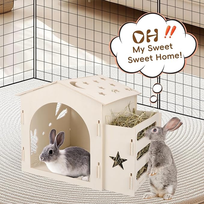 Extra Large Rabbit House & Rabbit Hay Feeder, Indoor Bunny Hideout with Feeder, Small Animal Houses & Habitats and Guinea Pig Hay Feeder