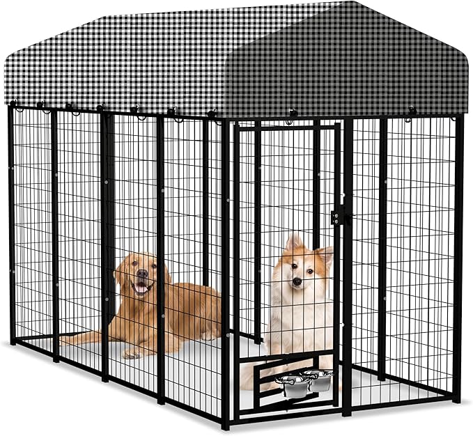 HITTITE 8x4x6 FT Large Outdoor Dog Kennel, Expandable Modular Dog Kennel Outside with Rotate Feeding Door, Heavy Duty Welded Wire Steel Dog Run Dog Playpen Fence with Black Roof Cover for Backyard