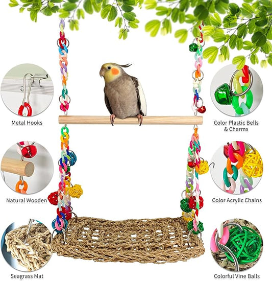 Natural Bird Swing Toys with Wood Perch,Double Layer Bird Seagrass Woven Climbing Hammock with Chewable Perch Stand Chewing Toy for Parakeets,Budgies,Conures,Cockatiels,Lovebirds