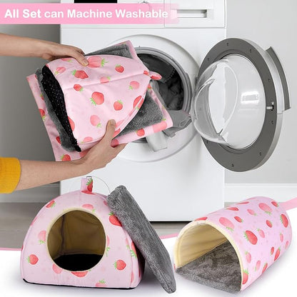 Bienbee Guinea Pig Hideout, Washable Rabbit Bed with Guinea Pig Tunnel, 2 Pack Guinea Pigs Toys Set Bunny Hideout Cage Accessories for Hamster Ferret Rabbits Bunny,Pink Strawberry