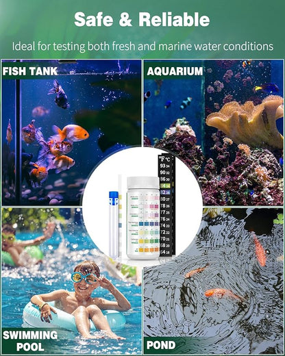 Pawfly 7 in 1 Aquarium Test Strips, 100 Strips Fish Tank Testing Strips for pH Chlorine Nitrate Nitrite Carbonate Hardness Total Alkalinity Water Quality Freshwater Saltwater Test Kit