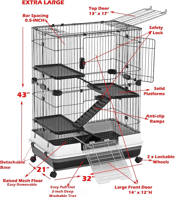 X-Large Deluxe 4-Level in/Outdoor Rabbit Hutch Cage for Ferret Squirrel Chinchilla Solid Platform Ramp Mesh Floor Easy Clean 2-Inch Deep Leakproof Tray Large Access Doors Lockable Casters