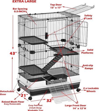 X-Large Deluxe 4-Level in/Outdoor Rabbit Hutch Cage for Ferret Squirrel Chinchilla Solid Platform Ramp Mesh Floor Easy Clean 2-Inch Deep Leakproof Tray Large Access Doors Lockable Casters