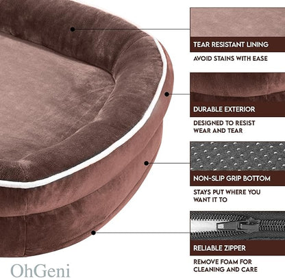 OhGeni Orthopedic Dog Couch Pet Sofa Large Sized Cat Beds with Comfort Foam Support, Soft Comfortable Fabric, Machine Washable Waterproof Removable Cover, 35-Inch (Brown)