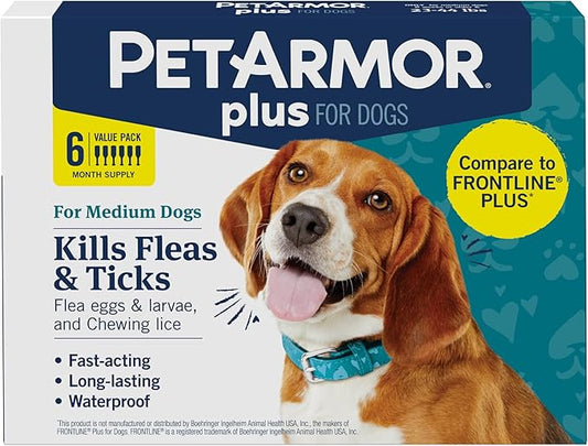 PetArmor Plus Flea and Tick Prevention for Dogs, Medium Dog Flea and Tick Treatment, 6 Doses, Waterproof Topical, Fast Acting (23-44 lbs)