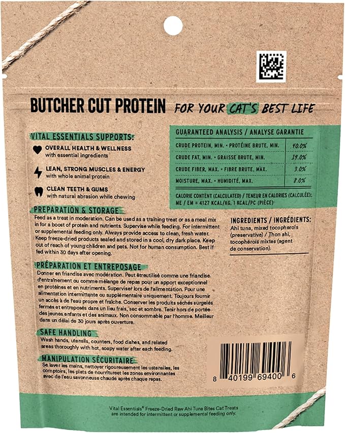 Vital Essentials Ahi Tuna Bites Cat Treats, 1.1 oz | Freeze-Dried Raw | Single Protein | Grain Free, Gluten Free, Filler Free