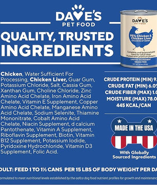 Dave's Pet Food Grain Free Wet Dog Food (95% Chicken & Chicken Liver), Made in USA Single-Source Protein, Limited Ingredients, 12.5 oz Cans (12 Pack)