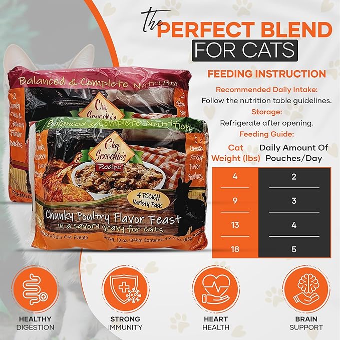 Chef Scoochie's Gourmet Wet Cat Food Variety Pack with Natural Poultry & Seafood Flavors - Tender Chunks in Gravy Cat, 16 Individual Pouches (3oz Each 8 Pouches of Each Flavor)
