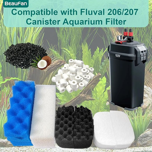 24 Pack Aquarium Media Kit Replacement for Fluval 206/207 Canister Filters, Replacement Bio Foam Filters, Activated Carbon & Ceramic Rings (2 Sets Maintenance Bundle)