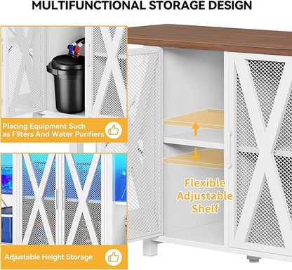 DWVO 75-120 Gallon Aquarium Stand with Power Outlet & LED Light, Cabinet for Accessories Storage - Heavy Duty Metal Fish Tank Stand Suitable for Turtle Tank, Reptile Terrarium, 2000LBS Capacity, White