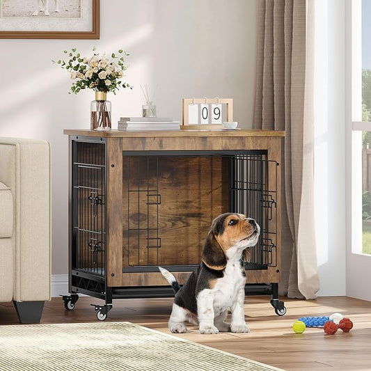YITAHOME Dog Crate Furniture with Cushion, Dog Kennel Indoor with Wheels, 27" Dog Cage with Double Doors for Small Dog (Rustic Brown)