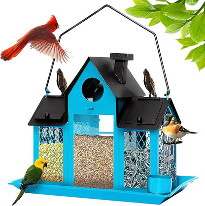 Solar Bird Feeders House for Outdoors Hanging, 7LBS Large Capacity Metal Wild Bird Feeder Squirrel Proof for Outside with Water Cup, Cardinal Birdfeeder Birdhouses Gift for Bird Lovers (Blue)