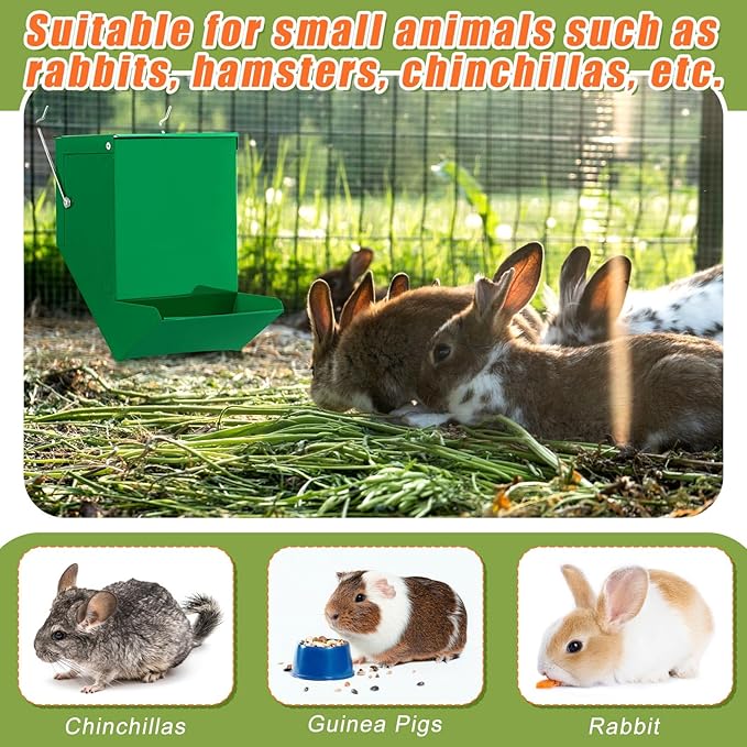 Maxcheck 2 Pcs Rabbit Feeder for Cages Small Animal Food Dispenser with Lid Metal Chicken Grit Oyster Shell Feeders Outside(4.7 Inches,Solid Bottom,Green)
