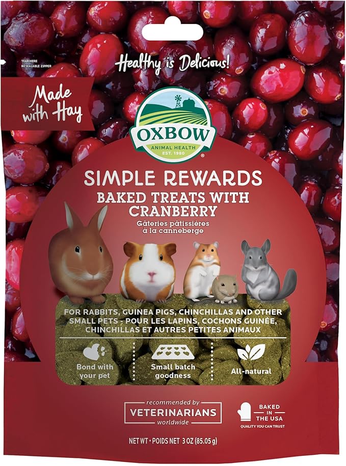 Oxbow Animal Health Simple Rewards Cranberry Treats, Timothy Hay Guinea Pig & Bunny Treats, Made with Oxbow Guinea Pig Hay, Timothy for Rabbit, Made in USA, 3 oz Bag