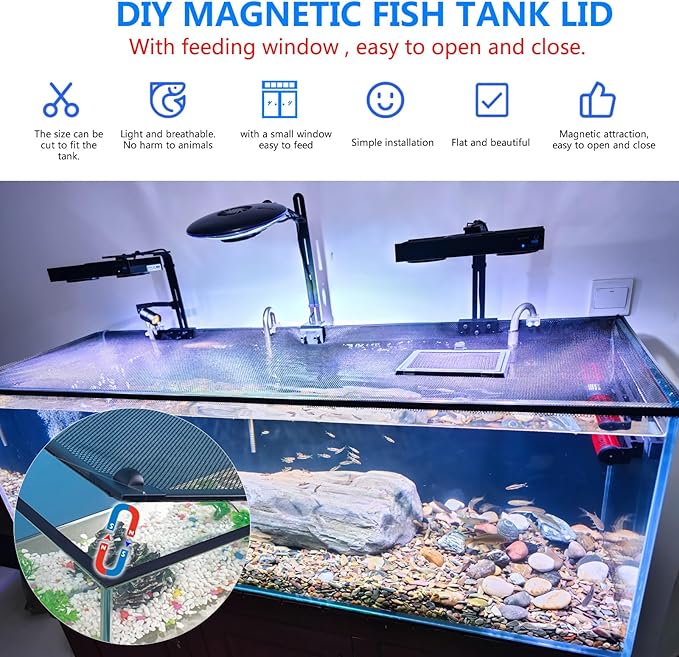 Magnetic Fish Tank Cover Net Aquarium Lid Mesh Top Hood Cut to Any Size Ventilation Transparency Anti-Jumping Aquarium Cover with Feeding Window(39"X19")
