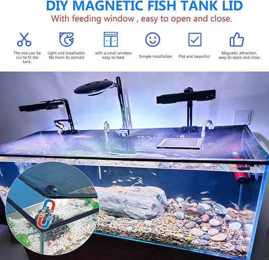 Magnetic Fish Tank Cover Net Aquarium Lid Mesh Top Hood Cut to Any Size Ventilation Transparency Anti-Jumping Aquarium Cover with Feeding Window(39"X19")