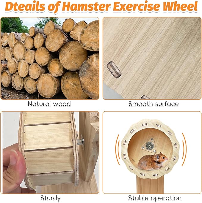kathson Wooden Hamster Exercise Wheel 4.7 in Silent Spinning Running Wheels with Stand for Hamsters, Gerbils, Mice and Other Small Pets