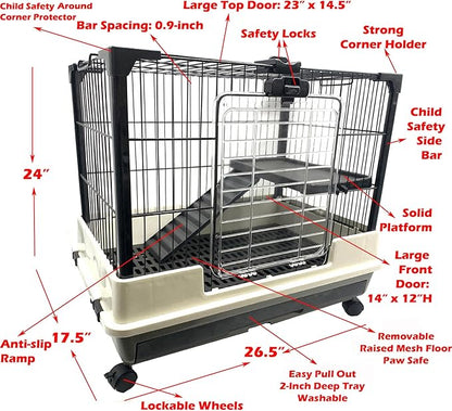 Large Multi-Level Indoor Small Animal Pet Cage Guinea Pig Ferret Squirrel Chinchilla Cat Playpen Rabbit Hutch Solid Platform Ramp Easy Clean Leakproof Litter Tray Large Access Doors Lockable Casters