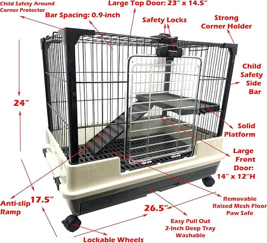Large Multi-Level Indoor Small Animal Pet Cage Guinea Pig Ferret Squirrel Chinchilla Cat Playpen Rabbit Hutch Solid Platform Ramp Easy Clean Leakproof Litter Tray Large Access Doors Lockable Casters
