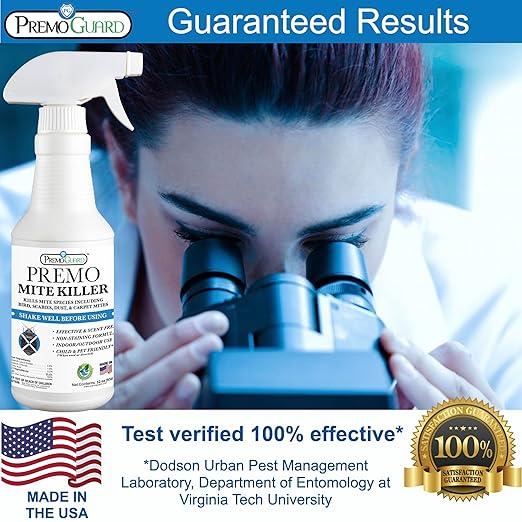 Premo Guard Mite Treatment Spray – 32 oz – Kills Dust, Human Itch, Spider, Carpet, Bird, Mouse & Rat Mites in Home, on Furniture, Bedding – Natural Non-Toxic 100% Effective – Child & Pet Safe