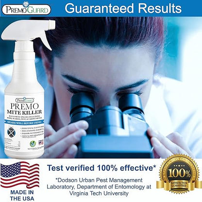 Premo Guard Mite Treatment Spray – 32 oz – Kills Dust, Human Itch, Spider, Carpet, Bird, Mouse & Rat Mites in Home, on Furniture, Bedding – Natural Non-Toxic 100% Effective – Child & Pet Safe
