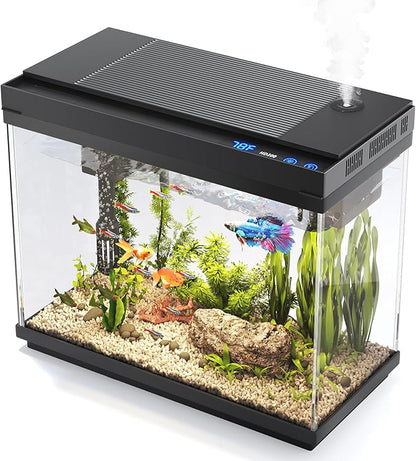 Fish Tank, 2.4 Gallon Fish Aquarium, Fish Tank Starter kit with Smart Humidifier, Temperature Display, 7-Color Lighting, 3 in 1 Quiet Pump with Filteration & Oxygenation & Circulation
