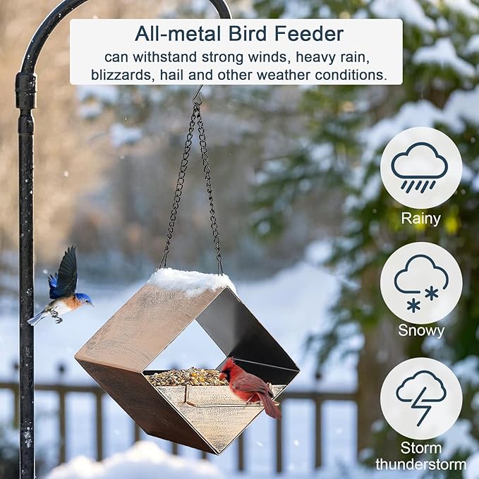 MYITYARD Hanging Bird Feeder, Small Metal Wild Bird Feeders for Outdoors, Garden Yard Decorative Birdfeeder, Square Vintage Bronze