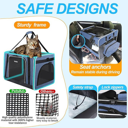 Petskd Extra Large Cat Carrier with Wheels and Litter Box 24"x17"x17" for Large Cat or 2 Small Cats, Collapsible Soft Sided Pet Carrier for Car Travel with Lockable Safety Zippers(Blue)