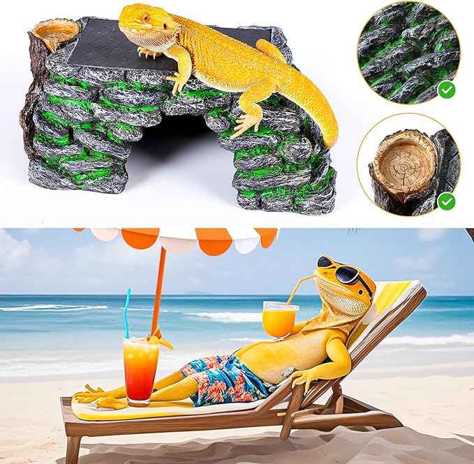 3 in 1 Large Bearded Dragon Basking Platform 13.4x7.1x5.3 in Scape Step Ledge Cave Hideout Natural Rock Reptile Food Bowl Reptile Tank Accessories for Lizard, Geckos, Ball Pythons, Tortoise