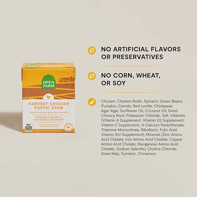 Open Farm Rustic Stews Wet Dog Food, Grain-Free, Complete & Balanced with Human-Grade Ingredients, Humanely-Raised Meat & Bone Broth, Harvest Chicken Recipe, 12.5oz Packs (Case of 12)