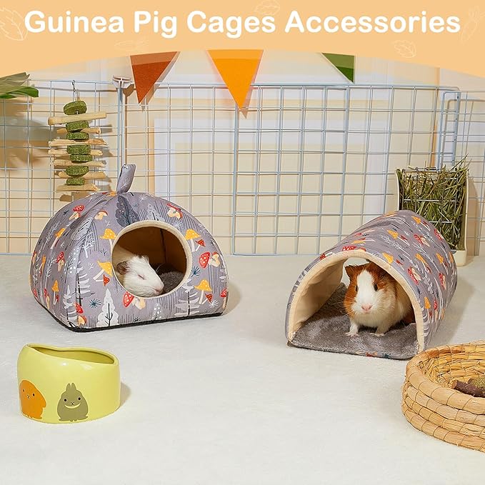 Bienbee Guinea Pig Hideout, Washable Rabbit Bed with Guinea Pig Tunnel, 2 Pack Guinea Pigs Toys Set Bunny Hideout Cage Accessories for Hamster Ferret Rabbits Bunny,Gray Mushroom
