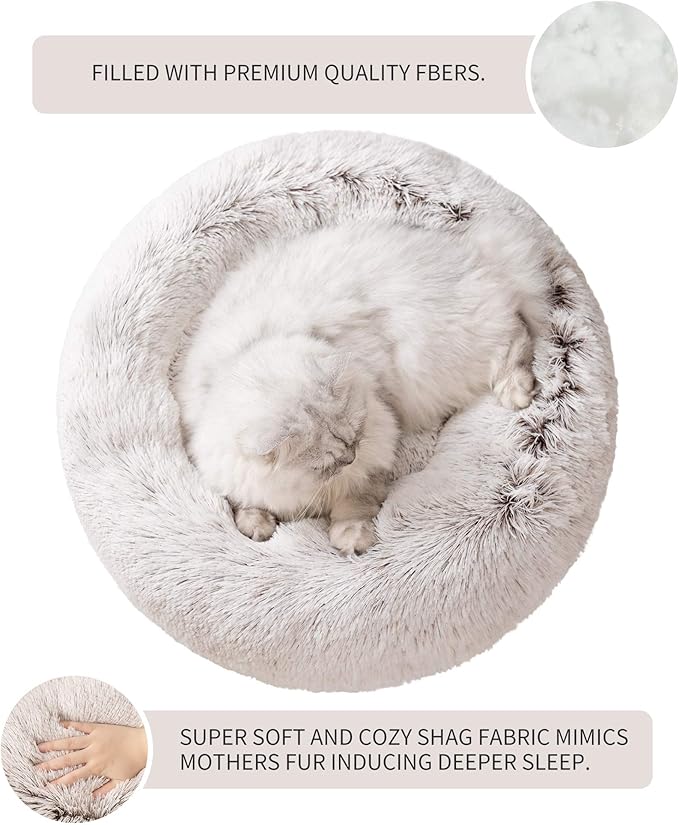 Love's cabin Calming Cat Bed for Indoor Cats, Anti-Anxiety Donut Round Dog Bed, Fluffy Faux Fur Washable Pet Bed for Small Medium Dogs and Cats,Tie-Dye/Coffee,20in
