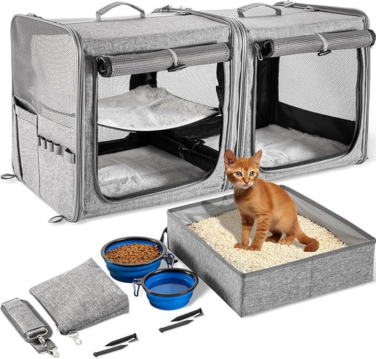 Suertree Cat Carrier for 2 Cats, Pet Travel Carrier with Litter Box for Cats and Small Dogs Up to 45 Lbs, Bowls, and Locking Zippers, Gray