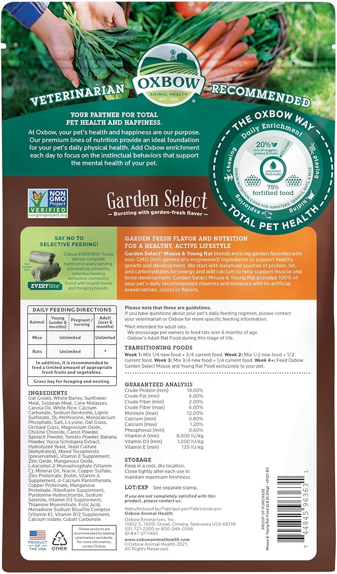 Oxbow Animal Health Garden Select Mouse and Young Rat Food, Garden-Inspired Recipe for Young Rats and Mice of All Ages, Vitamin & Mineral Rich Pet Food Pellets, Non-GMO, Made in USA, 2 Pound Bag