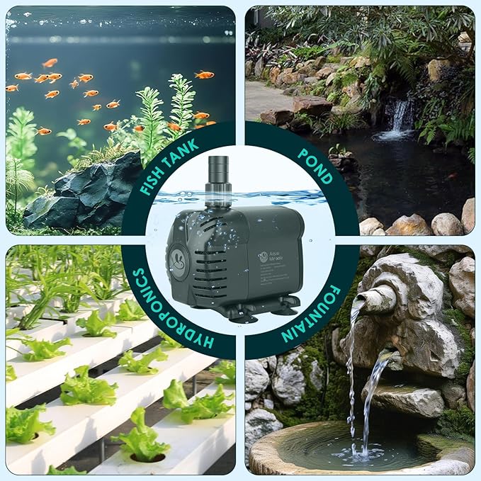 AquaMiracle 1160GPH Submersible Water Pump with 11.5ft High Lift, Pond Pump Aquarium Pumps for Fish Tank, Fountain, Waterfall, Statuary, Water feature, Hydroponics