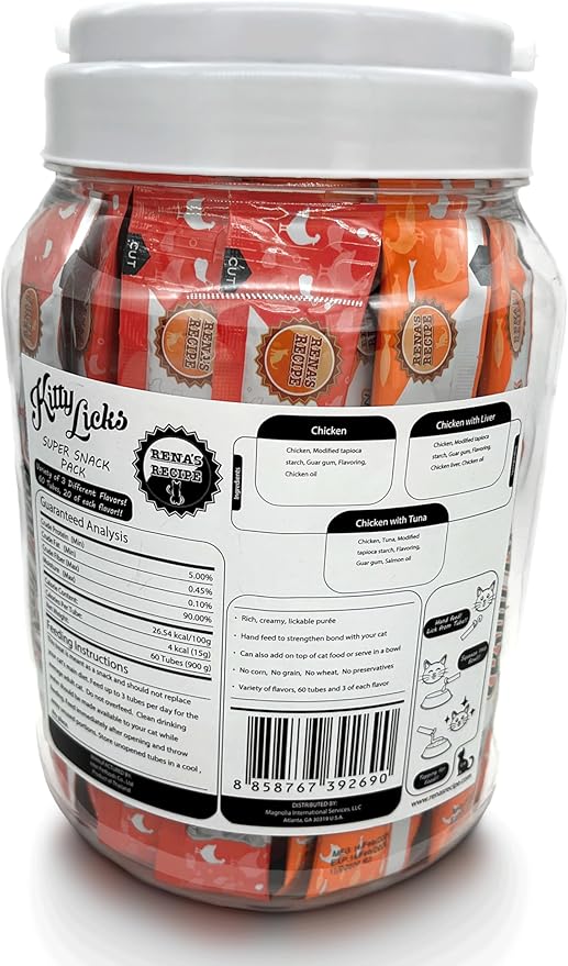 Rena's Recipe Kitty Licks Chicken Barrel (60 Tubes) 3 flavorsX 20 Tubes Cream Lickable Cat Treats 3 Different Flavors: Chicken, Chicken with Tuna, and Chicken with Liver