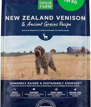 Open Farm, Ancient Grains Dry Dog Food, Protein-Rich & Nutrient Dense, 90% Animal Protein Mixed with Non-GMO Fruits, Veggies and Superfoods, New Zealand Venison Recipe, 4lb Bag