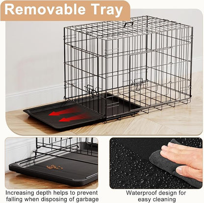 FDW 24inch Dog Crate Pet Cage with Metal Folding Design Plastic Tray Indoor Outdoor Dog Kennel Cage for Small Dogs,Black