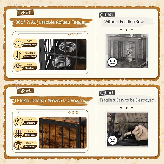 WARCAT Large Furniture Dog Crate, Heavy Duty Dog Crate, Dog Kennel Indoor, Wood Dog Cage Table with Adjustable Lighting Color, Sturdy Metal, 44" L×26" W×37" H, Brown