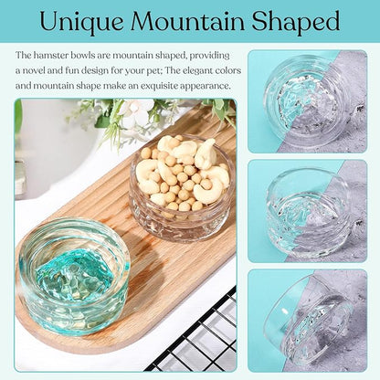 Baderke 2 Pcs Hamster Water Bowls Glass Hamster Food Bowls 35ml Mountain Style Drinking Container Anti Turning for Guinea Pig Gerbils Mice Rats Chinchilla Small Pets(Clear and Green)