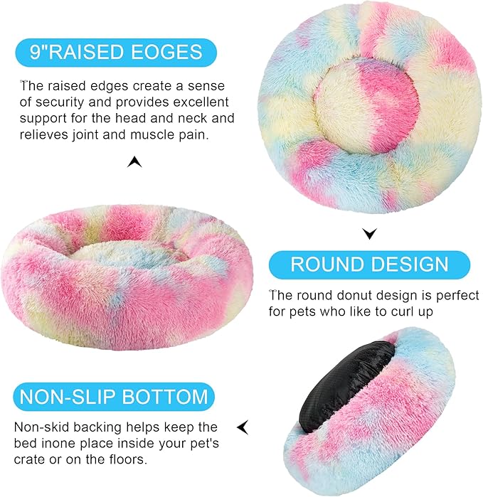 Dog Calming Beds for Small Medium Large Dogs - Round Donut Washable Puppy Dog Bed, Anti-Slip Faux Fur Fluffy Donut Cuddle Anxiety Cat Pet Bed(28'' Color)