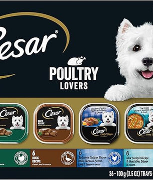 Cesar Wet Dog Food Poultry Lovers Variety Pack with Real Chicken, Turkey and Duck, 3.5 oz. Easy Peel Trays (36 Count, Pack of 1)